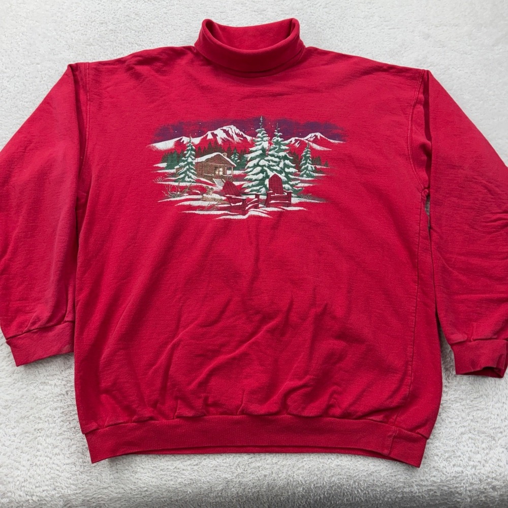 Northern Reflections Vintage Red Mock Neck Winter Cabin Sweatshirt Mens‎ Large